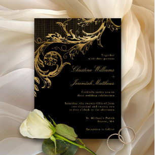 Vintage Black Gold Floral Damask Script Hochzeit Einladung