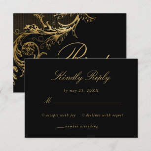 Vintage Black Gold Floral Damask Script Hochzeit RSVP Karte