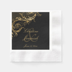 Vintage Black Gold Floral Damask Script Hochzeit Serviette