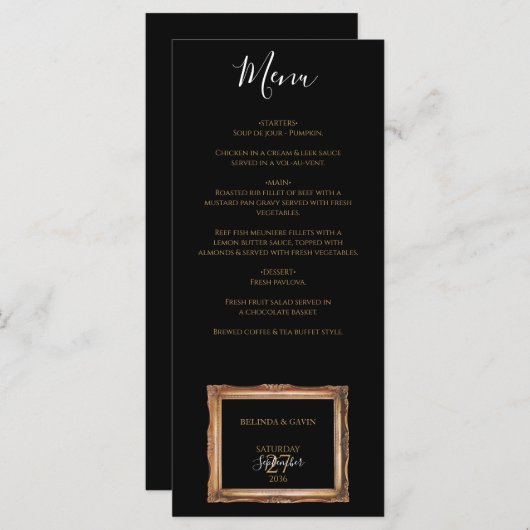 Vintage Black & Gold-Hochzeit Menükarte (Vorne/Hinten)