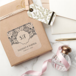 Vintage Black Lace Rustic Burlap Monogram Wedding Quadratischer Aufkleber