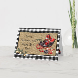 Vintage Black Sleigh Packages Black Karo Burlap Karte