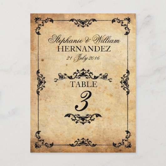 Vintage Black Swirl Hochzeitsempfehlung Tischnumme Postkarte (Vorderseite)