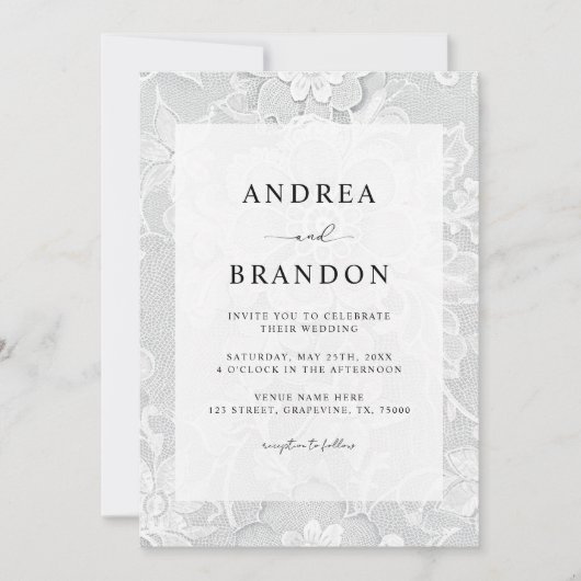 Vintage Black & White Lace Floral Wedding Einladung (Vorderseite)