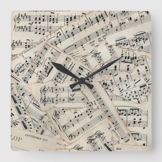 Vintage Blatt-Musik-Papier-Collage Quadratische Wanduhr (Vorderseite)