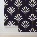 Vintage Blätter Art Deco Palmetto aus den 20er Jah Tapete<br><div class="desc">Vintager Deko der 1920er Jahre inspirierte palmetto-Blätter Fächermuster in Weiß mit bronzebarbenen Akzenten. Der Hintergrund ist dunkelmarineblau.</div>