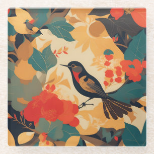 Vintage Blätter für Vogelblumen Glasuntersetzer