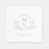 Vintage-Blattwappen-Monogramm Salbeigrüne Hochzeit Serviette (Vorderseite)