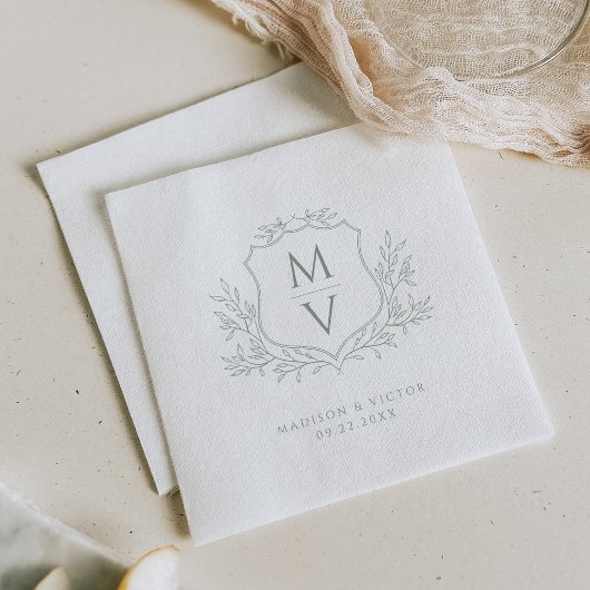Vintage-Blattwappen-Monogramm Salbeigrüne Hochzeit Serviette