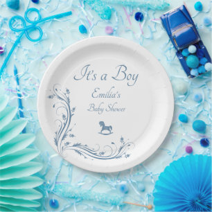 Vintage Blau - Baby Shower für einen Jungen - Flor Pappteller