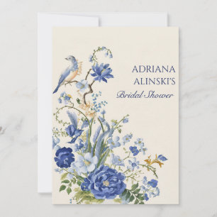 Vintage Blau Blumen und Vogel Einladung