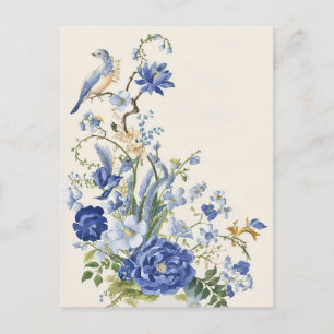 Vintage Blau Blumen und Vogel Postkarte