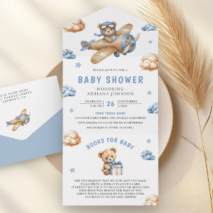 Vintage Blau Braunes Flugzeug Teddybär Baby Shower All In One Einladung