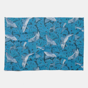Vintage Blau Fische und Meeresalgen: Art Nouveau N Geschirrtuch