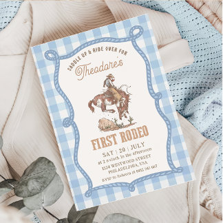 Vintage Blau Gingham First Rodeo Einladung