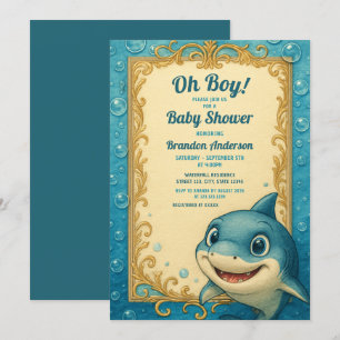 Vintage Blau & Gold Haifisch-Junge-Baby-Party Einladung