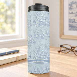 Vintage blau-graue Toile-de-Jouy-Drucke Thermosbecher
