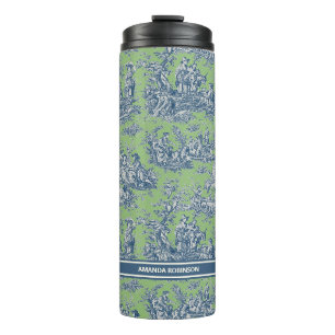 Vintage Blau Grüne Französische Toile de Jouy Thermosbecher