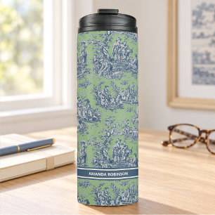 Vintage Blau Grüne Französische Toile de Jouy Thermosbecher
