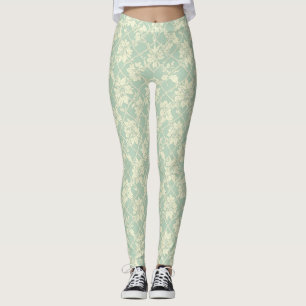 Vintage Blau-Grünes Gitter mit Botanischer Rebe Leggings