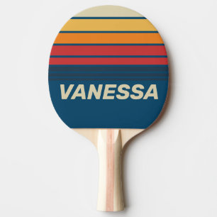 Vintage Blau Regenbogen Horizont Streifen mit Name Tischtennis Schläger