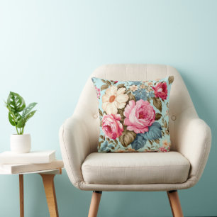 Vintage Blau Rosa Blumengarten Kissen