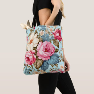 Vintage Blau Rosa Blumengarten Tasche