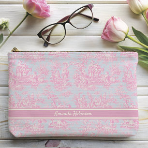 Vintage blau rosa Toile de Jouy bedruckt Zubehörtasche