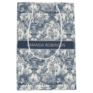 Vintage Blau Toile Blumen Damast Monogramm Mittlere Geschenktüte