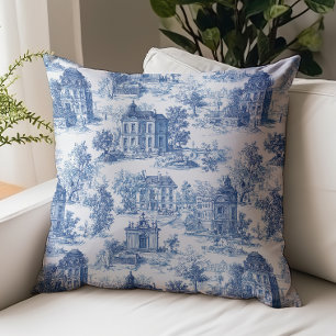 Vintage Blau Toile de Jouy Architekturmuster Kissen