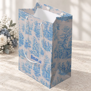 Vintage Blau Türkis Floral Toile Monogramm Mittlere Geschenktüte