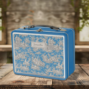 Vintage Blau Türkis Französische Toile De Jouy Metall Brotdose