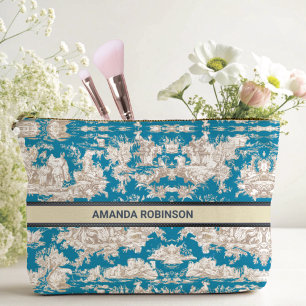 Vintage blau türkis Toile de Jouy Monogramm Zubehörtasche