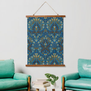 Vintage Blau Türkis William Morris Herbstblumen Wandteppich Mit Holzrahmen
