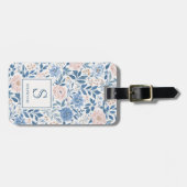 Vintage Blau und Beige Blumenmuster mit Monogramm Gepäckanhänger (Vorderseite horizontal)