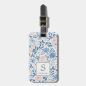 Vintage Blau und Beige Blumenmuster mit Monogramm Gepäckanhänger (Vorderseite vertikal)