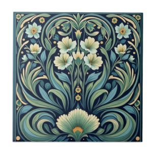 Vintage Blau und Grün Art Nouveau Floral Fliese