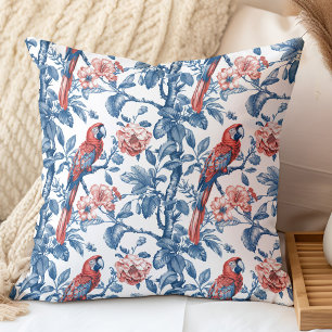 Vintage Blau und Rot Chinoiserie Papagei und Blume Kissen