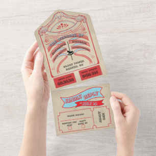Vintage Blau und Rot Zirkus All In One Einladung