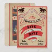 Vintage Blau und Rot Zirkus Save-the-Date (Vorne/Hinten)