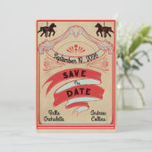 Vintage Blau und Rot Zirkus Save-the-Date (Stehend Vorderseite)