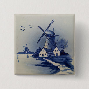 Vintage Blau- und Weiß-Delfter Kunstwerk-Malerei Button