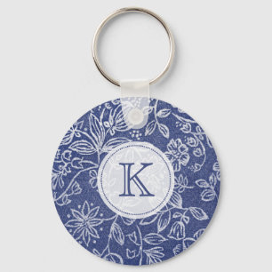 Vintage Blau und Weiß Floral Monogramm Schlüsselanhänger