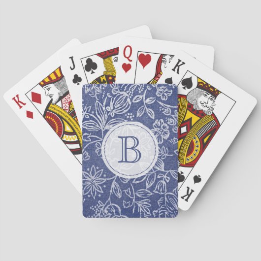 Vintage Blau und Weiß Floral Monogrammiert Spielkarten (Rückseite)