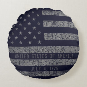 Vintage Blau USA Amerikanische Flagge Abgenutzter  Rundes Kissen