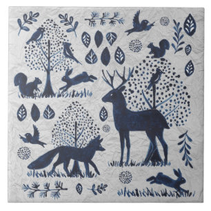 Vintage Blau & Weiß Waldtier Fuchs Hase Ce Fliese