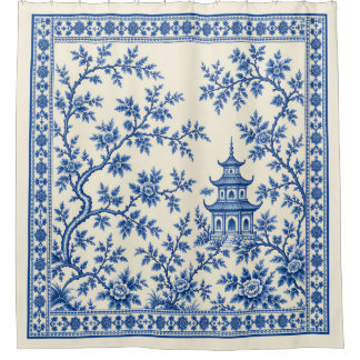 Vintage Blau Weiße Chinoiserie Pagode Blumenmuster Duschvorhang