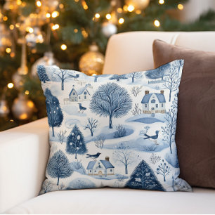 Vintage Blau Weiße Winterlandschaft Kissen