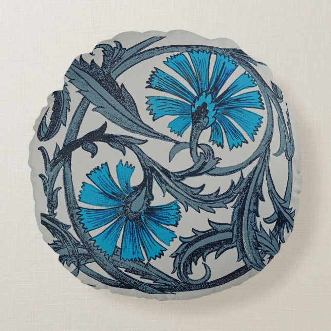 Vintage blaue antike Blume Kunsthandwerk rustikal Rundes Kissen (Vorderseite)