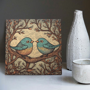 Vintage Blaue Art Nouveau Vogel Liebe Fliese